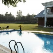 Outdoor poolside view at the Safe House Rehabilitation Centre